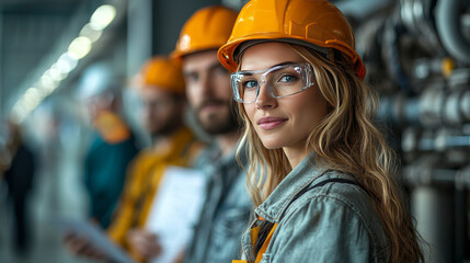 Young woman in a hard hat and safety glasses looks confidently at the camera in an industrial setting.