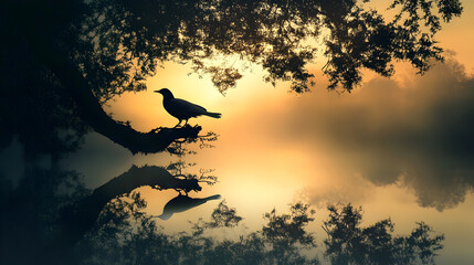 Silhouette of a Bird Perched on a Tree Branch at Dawn, Reflected in Still Water with Golden Sunrise Glow