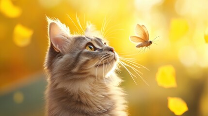 A cat looking up at a butterfly flying by, AI