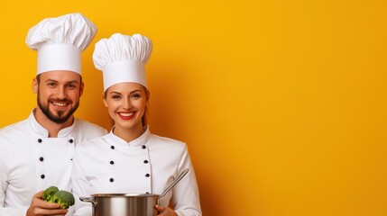 A couple of a man and woman in chef hats holding broccoli, AI