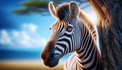 Naklejka premium Friendly zebra, facing forward standing by an acacia tree in the Serengeti with soft, dawn light in the distance.