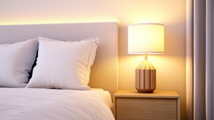 A bed with white pillows and a lamp on the nightstand, AI