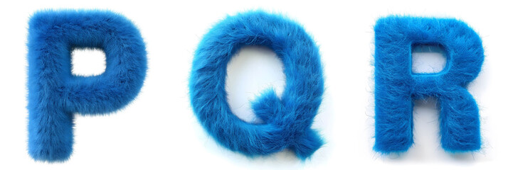 Letters P, Q, R. Alphabet Made of Blue Hair on a White Background.