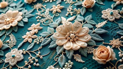 Lace with 3D floral applique in teal and beige tones featuring intricate details