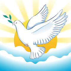 Peace dove, clouds, sun icons in a flat style on a transparent background. Symbol of peace and freedom. International Peace Day design