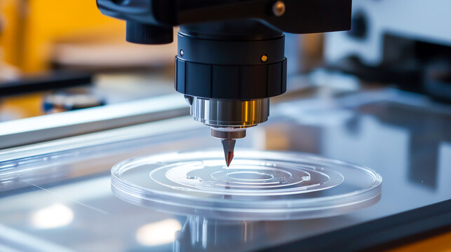 CNC router etching a sleek circular pattern into a clear acrylic sheet, showcasing precision and craftsmanship in a minimalist setting.