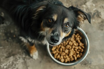Fototapeta premium Natural dog food Dog lying near its bowl full of food looking at camera top view