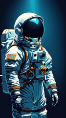 An astronaut in a space suit stands against a dark background, emphasizing exploration and technology.