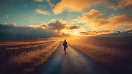 Person Walking Down a Quiet Country Road at Sunrise, Surrounded by Golden Fields and a Dramatic Sky of Clouds and Light