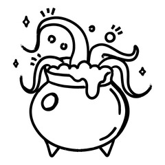 Witch's cauldron with a potion and monster tentacles. Vector black and white illustration with textures, hand drawn. Halloween themed.