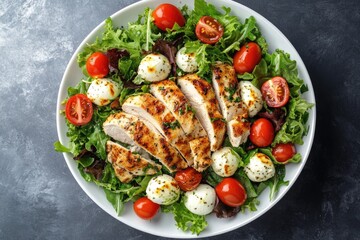 Salad with chicken  mozzarella and cherry tomatoes. Top view
