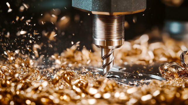CNC router bit drilling through material, surrounded by metal and wood fragments, captured in studio photography highlighting precision and mechanical detail.