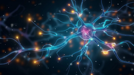 A computer image of a nerve cell with lights emanating from it