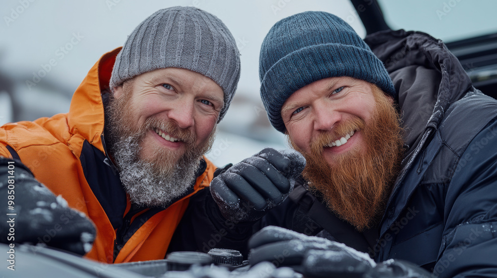 Poster two men with beards and hats are smiling while looking at something, ai
