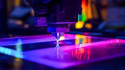 CNC router slicing through a clear acrylic sheet, producing luminous edges that create a neon effect in a dimly lit room adorned with vibrant reflections.