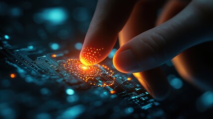 A fingertip touches a glowing circuit board, activating a digital interface.  .