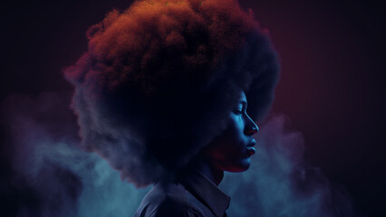 Artistic side profile of a young person with a voluminous afro hairstyle, lit with colorful lights and smoke effects.