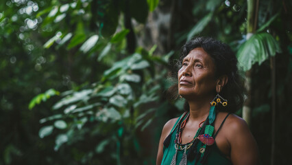 An indigenous woman in a lush green rainforest, standing peacefully and looking upwards, surrounded by nature, wearing traditional clothing and jewelry.