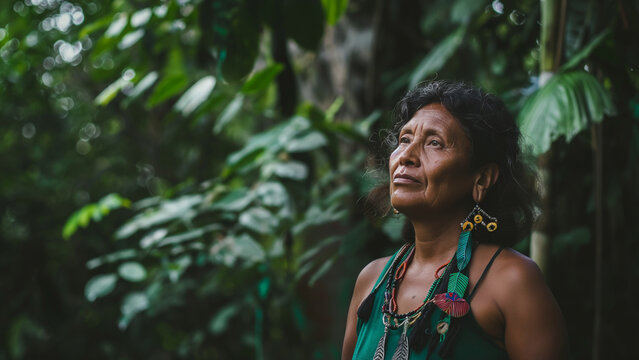An indigenous woman in a lush green rainforest, standing peacefully and looking upwards, surrounded by nature, wearing traditional clothing and jewelry.