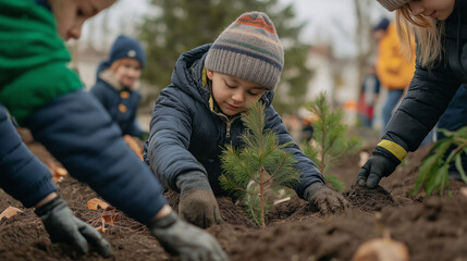 group of children , volunteers planting trees in the forest as an environmental protection project , learning growth, ecology and sustainability for outdoor community enviroment on Earth
