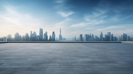 A clean, vacant square foreground with the impressive city skyline as a backdrop.