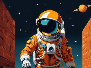 An astronaut in an orange suit explores a cosmic landscape with stars and Saturn in the background.