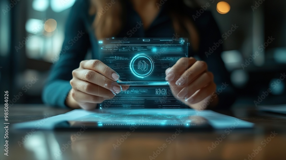 Poster a person interacts with a futuristic digital interface, manipulating data with a touch.