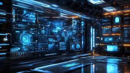 Advanced Digital Control Room with Futuristic Data Interfaces and Global Surveillance Technology - Generative AI