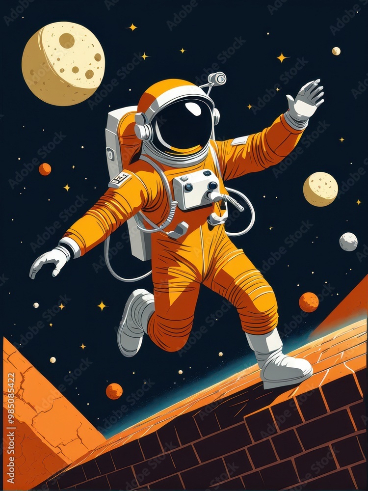Poster an astronaut in an orange suit floats in space, surrounded by planets and a pyramidal structure.