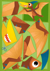 cartoon scene with character puzzle cutout educational exercise manual work with scissors animal dinosaurus dino pteranodon pterodactyl bird flying illustration for kids cutout © honeyflavour