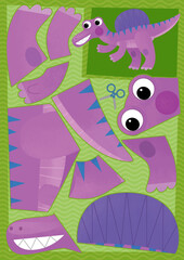 cartoon scene with character puzzle cutout educational exercise manual work with scissors animal dinosaurus dino spinosaurus spino illustration for kids cutout