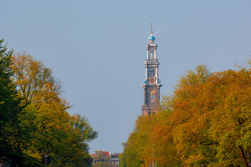 Obraz premium Autumn cityscape in Amsterdam with view of the Westerkerk church clock tower under blue clear sky, Colourful yellow orange leaves on the trees along the Prinsengracht canal, Holland, Netherlands.