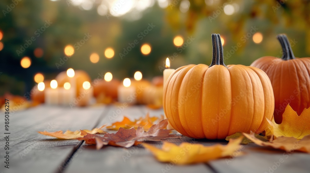 Wall mural Two pumpkins sitting on a table with candles around them, AI