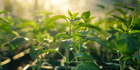 Thriving young green pepper plants in a controlled environment.