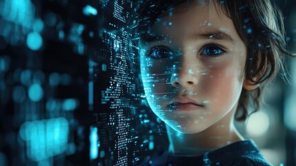 Little boy with digital code data overlay, cyberspace and information technology of the future. Ai education and cybersecurity