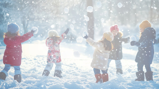 Children joyfully playing in a snowy landscape, creating snowballs during a bright winter day surrounded by shimmering snowflakes
