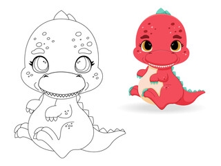 Cute coloring page - baby dinosaur. Teaching children, prehistoric times. Cute, vector, illustration
