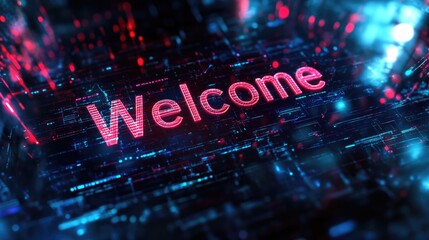 Pink Welcome word on digital cyberspace background. Greeting text for events, websites, promotions and hospitality business
