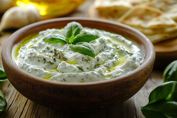 Delightful Greek tzatziki sauce presented in a rustic bowl, highlighting vibrant herbs and creamy texture