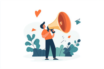 A vibrant illustration of a person enthusiastically engaging with others while holding a large megaphone amidst lush greenery