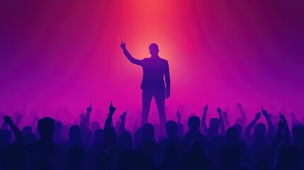 Silhouettes of a crowd cheering a speaker under a purple and red spotlight. .