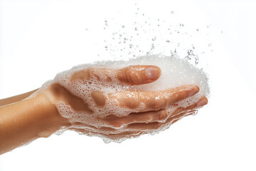 Fototapeta premium Gentle hands rub together, creating a cascade of soap bubbles, as water splashes around in a bright and refreshing moment of cleanliness