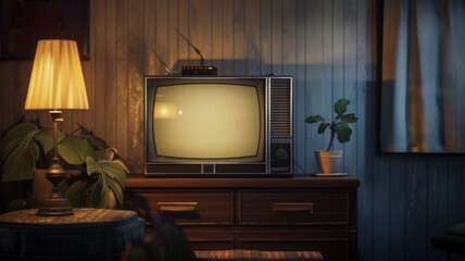 A vintage television with antennas sits on a small table in a cozy, retro living room