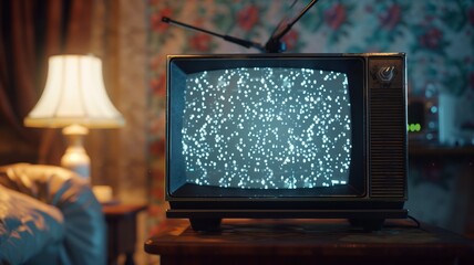 A cozy vintage living room with a retro television in the foreground