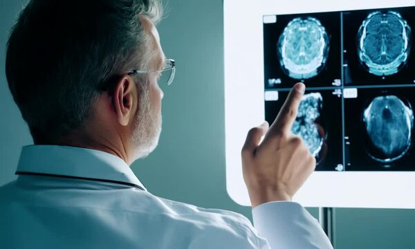Doctor checking brain scan on lightbox with neurological for medical analysis and diagnosis