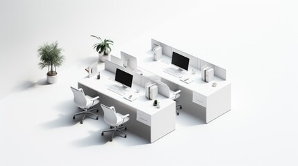 Two minimalist white desks with computers, chairs and plants on a white background.