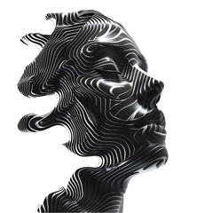 A close-up of a black and white portrait sculpture with abstract lines.