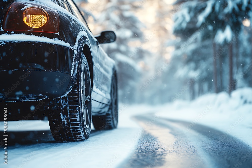 Wall mural Closeup of car tire driving on snowy road in winter forest. Concept of winter driving, road safety, car insurance, and snowy conditions