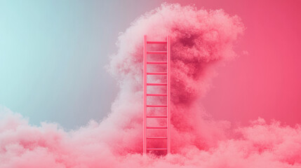 Pink ladder reaching into a fluffy cloud against a pastel background.