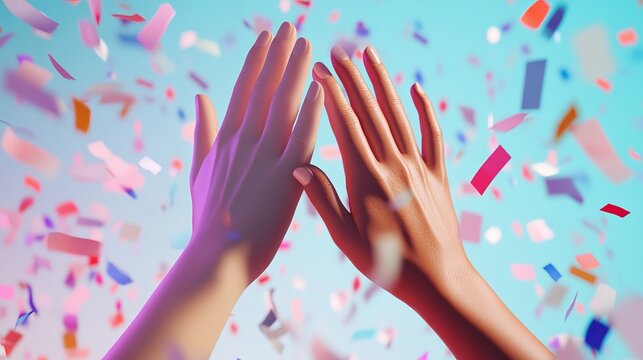 A 3D image of two hands giving a high five, surrounded by confetti.  It's a cheerful symbol of friendship and good luck.